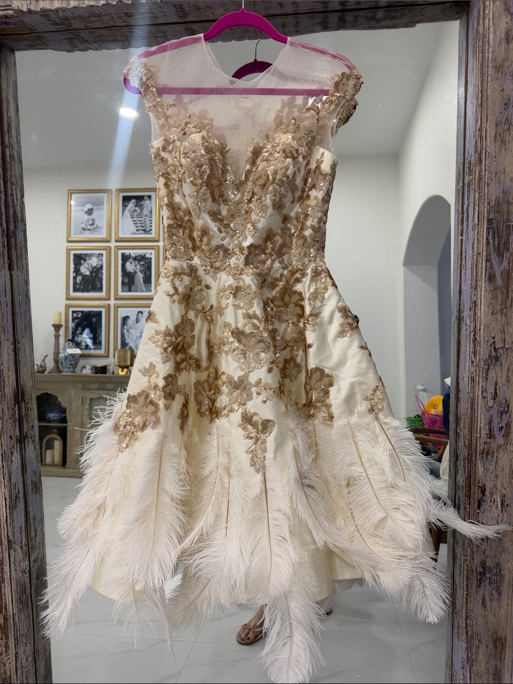 Vintage Handmade Ivory Midi Dress with Gold Floral Embroidery and Feather Hem